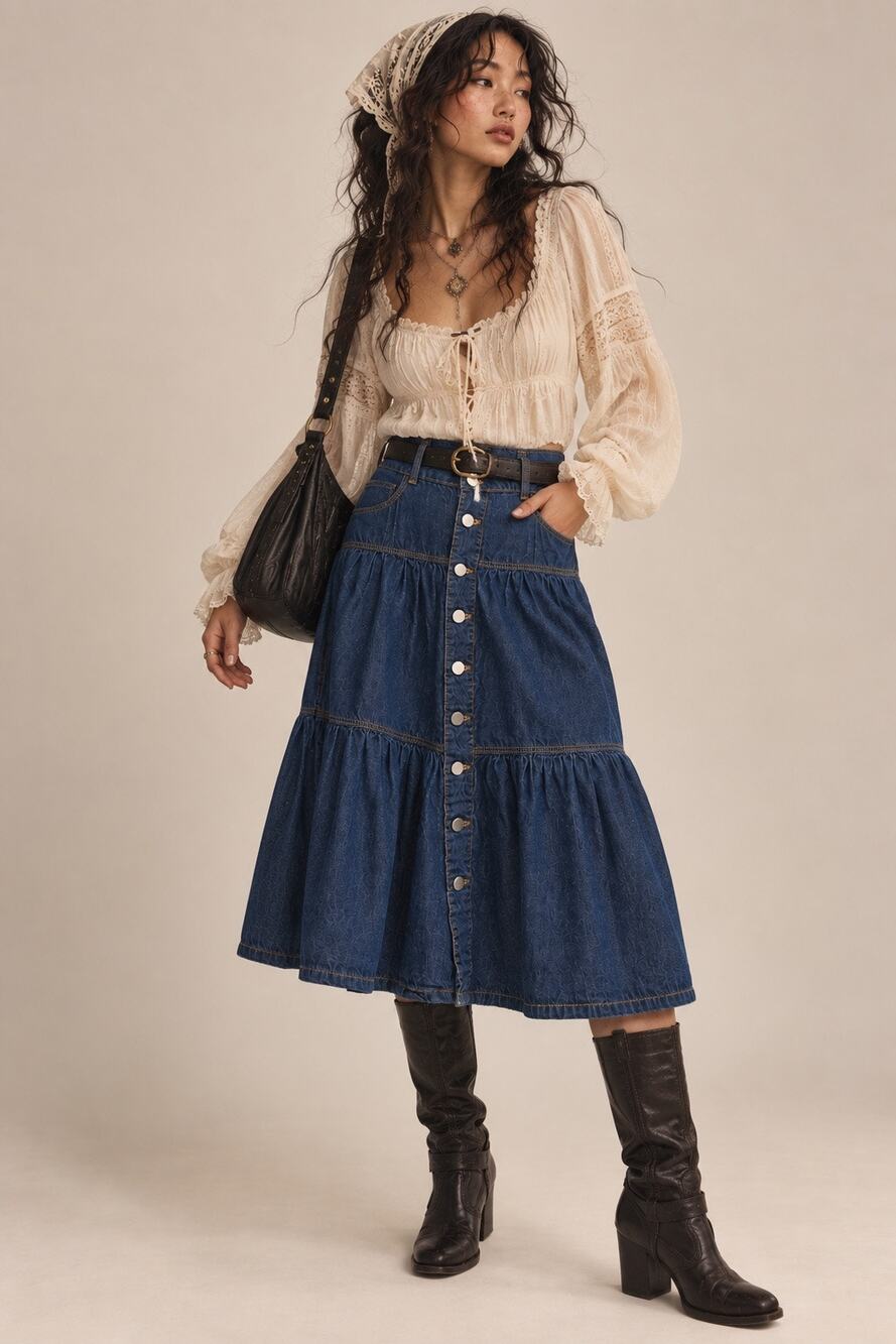 Time and Tru Tiered Button Front Denim Midi Skirt 8 Prairie Western Boho Fall